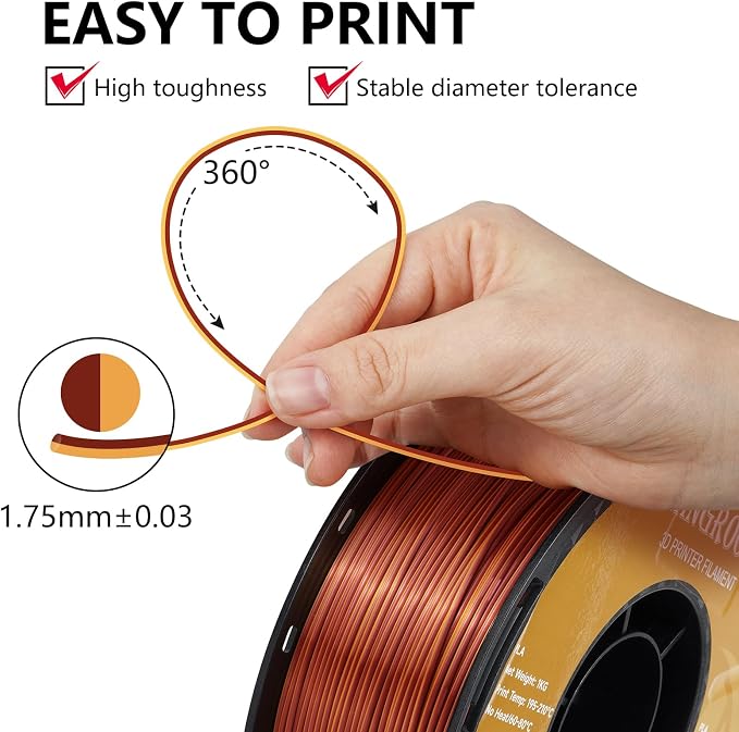 Kingroon PLA Filament, Multicolor Silk PLA Filament, Dual Color 3D Printer Filament, 1.75 mm, Dimensional Accuracy +/- 0.03 mm, 1kg Spool(2.2lbs), Gold Red Copper
