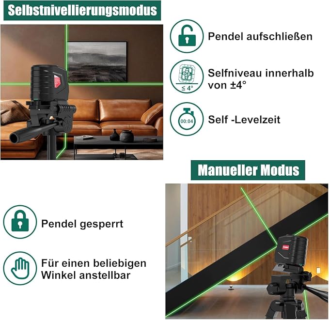 360° Self Leveling, Laser Tool with Tripod (29-1/2 In), Green Cross Line Laser for Construction, Renovation, Floor Tile, Picture Hanging, Class II, <1mW