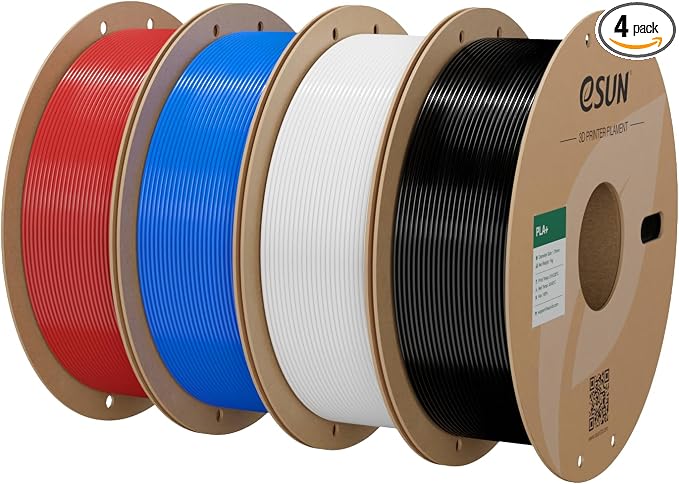 eSUN PLA+ Filament 1.75mm, 3D Printer Filament PLA Plus, Dimensional Accuracy +/- 0.03mm, 1KG per Spool, 4 Spools 3D Printing Filament, Fire Engine Red + Blue + Cold White + Black