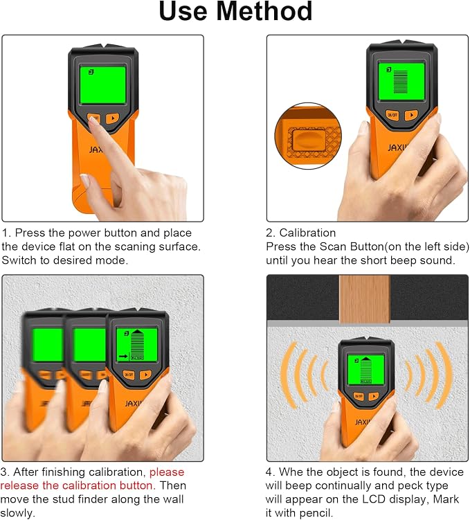 Stud Finder Wall Scanner - 5 in 1 Stud Finder Tool w/Smart Chip and HD LCD Display, Stud Detector Beam Finders for the Center and Edge of Wood AC Wire Metal Studs Joist Pipe (Orange Juice)