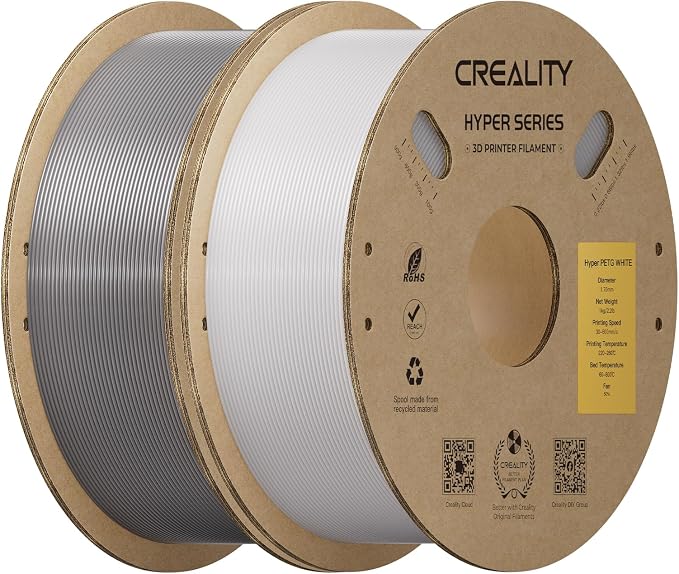 Creality Hyper PETG Filament 1.75mm Bundle 2KG, High-Speed PETG for 30–600mm/s Printing, Low Stringing, Strong Layer Adhesion, +/- 0.03mm Accuracy,Fits for Most FDM 3D Printers(White&Grey 2-Pack)