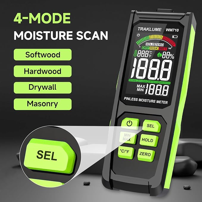 Wood Moisture Meter for Lumber Pinless Moisture Tester for Drywall with Colorful Screen Moisture Reader for House Firewood Moisture Detector for Walls Moisture Sensor for Wood Wall Water Leak Detector