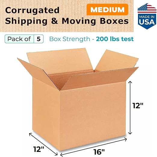 Medium Shipping & Moving Boxes 16 x 12 x 12 inches (5-Pack) - Extra Strength 200 lb vs Regular - USA-Made Corrugated Boxes for Packaging Moving and Delivering - Carton Box to Pack by IDL Packaging