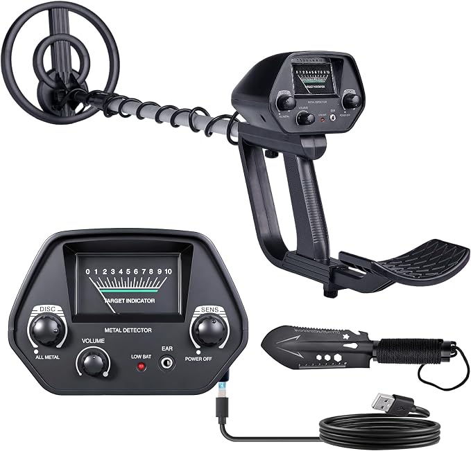 Rechargeable Metal Detector for Kids & Adults, Lightweight w/8” Waterproof Coil, Adjustable 31.5"-41.5", 12Hr Battery, Shovel Included - Beach Treasure Hunting