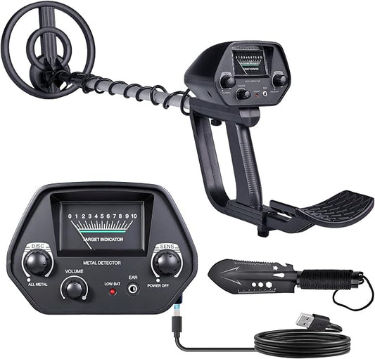 Rechargeable Metal Detector for Kids & Adults, Lightweight w/8” Waterproof Coil, Adjustable 31.5"-41.5", 12Hr Battery, Shovel Included - Beach Treasure Hunting