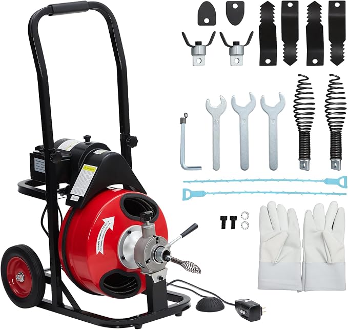 GarveeTech Auto Feed 100 ft x 3/8 in Drain Cleaner Machine with 250W Motor, Portable Sewer Snake Auger with 8 Cutters & Air-Activated Foot Switch, Fits 1 in to 4 in Pipes, Black & Red