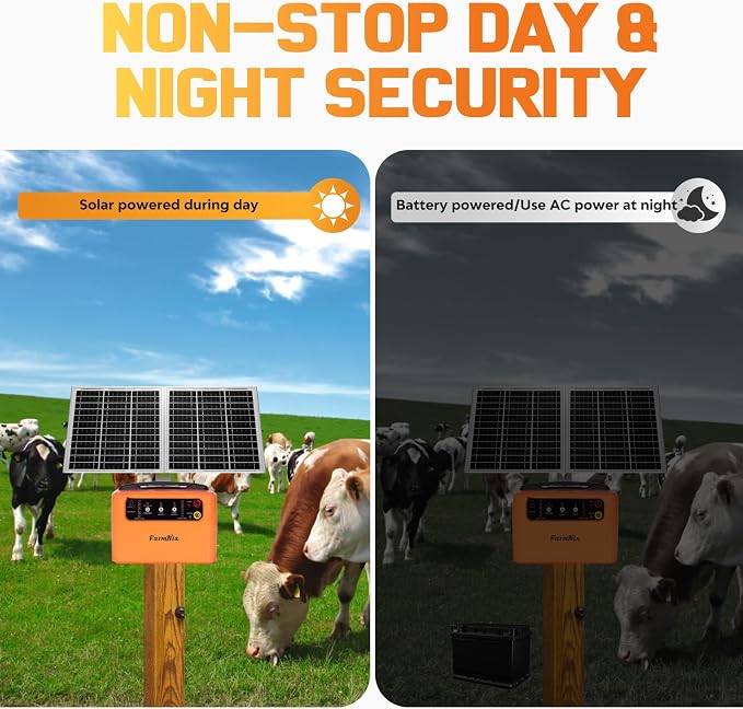 24 Hour Solar Electric Fence Charger, 30 Miles Solar Fence Energizer, 12KV Adjustable Output, 1.5J Solar Charger, 15W Solar Powered Electric Fence Kit for Livestock, Predator Protection