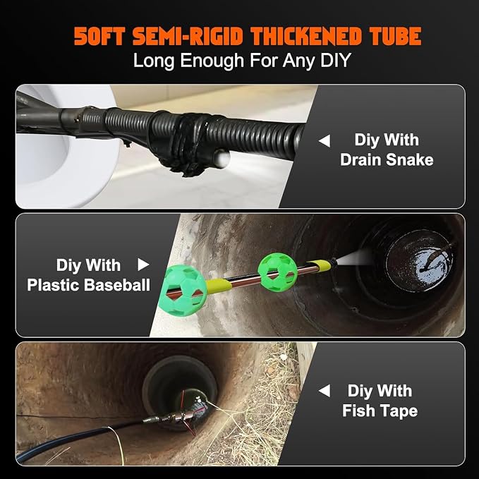 Triple Lens Sewer Camera with 50ft, 5" IPS Screen Borescope with Light, 1080P HD Endoscope IP67 Drain Pipe Snake Drain Camera, 32G Card Semi-Rigid Cable for Plumbing Inspection + Case