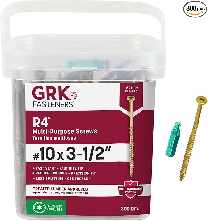 GRK Fasteners R4™ #10 x 3-1/2 Inch, Multi-Purpose Framing Screws, 300 PCS, Rust Resistant Climatek™ Coating, Outdoor Fencing and Deck Screws, Fast Bite Tip, Star Drive Recess, T-25 Bit Included, Gold