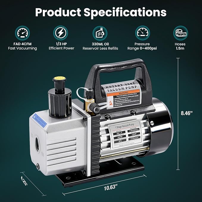 OLIXIS 110V 1/3 HP 4CFM Single Stage Vacuum Pump Kit with R134a Manifold Gauge Set, Leak Detector, 1/4" Hoses & Carry Bag for HVAC AC Refrigeration, ETL Listed, Blue