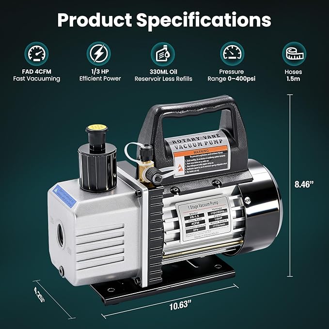 OLIXIS 110V 1/3 HP 4CFM Single Stage Vacuum Pump Kit with R134a Manifold Gauge Set, Leak Detector, 1/4" Hoses & Carry Bag for HVAC AC Refrigeration, ETL Listed, Blue