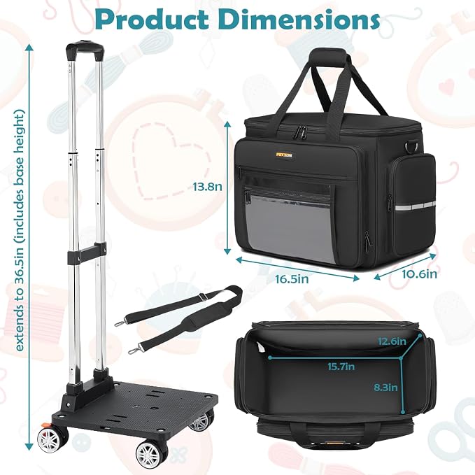 Sewing Machine Case with Wheels - Detachable Rolling Sewing Machine Case Fits Most Standard Sewing Machines And Storage Sewing Accessories, For Singer, Brother, Janome, Black