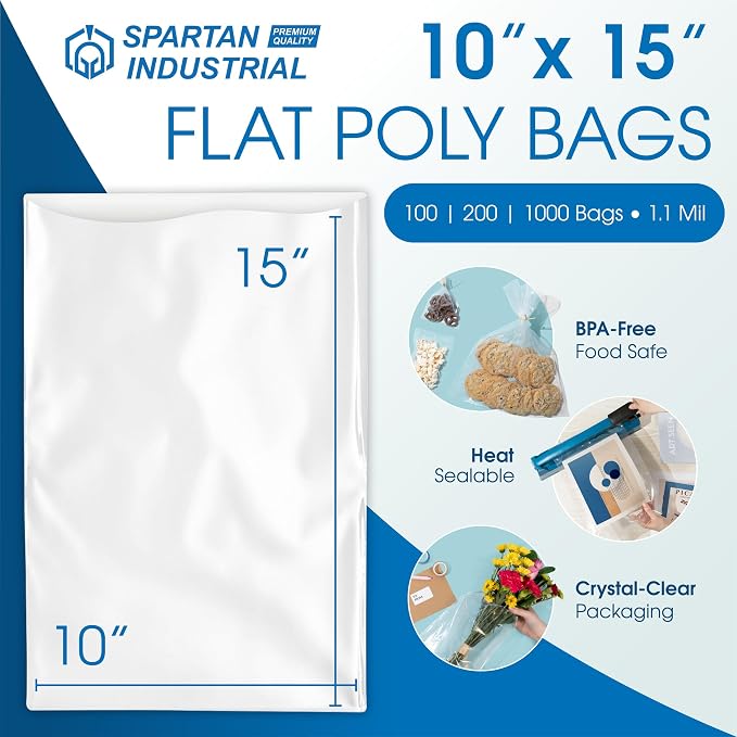 10" X 15" Open-End Flat Poly Bags (1000 Count) - 1.1 Mil Clear Plastic Bags for Clothes, Packaging, Shipping, Storage - No Adhesive Strip - Spartan Industrial