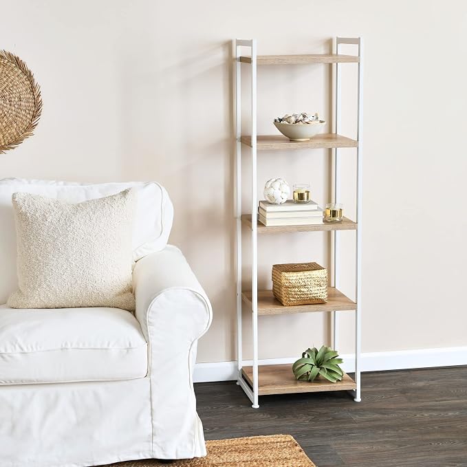 Household Essentials Narrow 5‑Shelf Open Storage Bookshelf, Coastal Oak Wood Grain with White Metal Frame