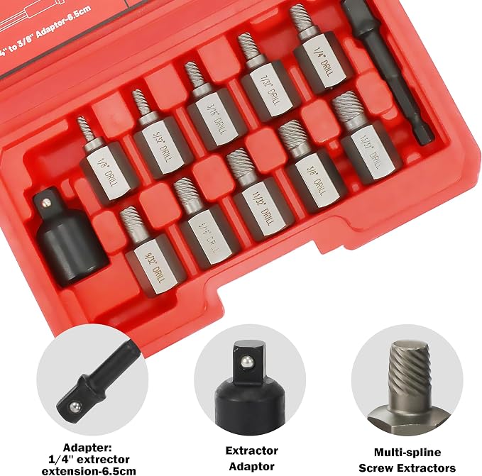 12Pcs Screw Extractor Set Hex Head Multi-Spline Easy Out Bolt Extractor Set 3/8 Inch Drive, Stripped Bolt Remover, Bolt Extractor Kit for Removing Broken Rusted Bolts Studs Nuts Socket Screws