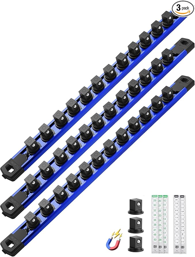 ALOANES Magnetic Socket Organizer Set, 3-Piece Heavy Duty Aluminum Socket Rails, 360° Swivel Clips Socket Rail Kit for Tool Tray Drawer Fit 1/2-Inch x 36 Clips (Blue, 3PC)
