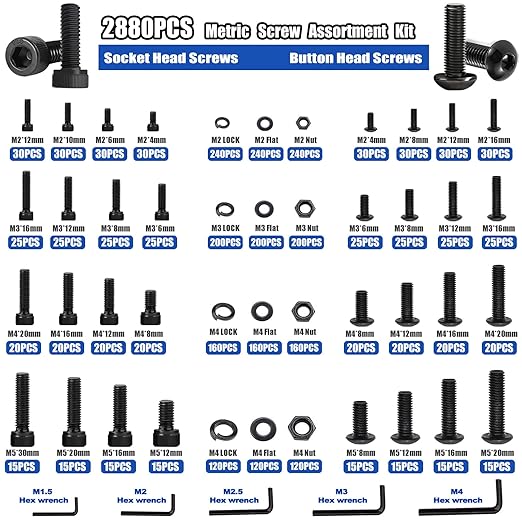 Taiss 3160PCS Metric Flange Bolt Assortment Kit,Nuts and Bolts Assortment Kit M2 M3 M4 M5 M6x1.0 M8x1.25 M10x1.5 Bolt(4-45mm)42 Sizes Hex Socket Button & Cap Head Metric Screw 10.9 Black Zinc Plated