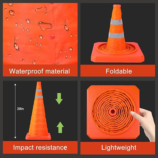 TENKAIWICK 28 Inch 2 Pack Traffic Cones, Collapsible Safety Cones, Multi Purpose Pop-up Cones with Reflective Collar, Orange Cones for Parking lot, Driveway, Driving Training etc