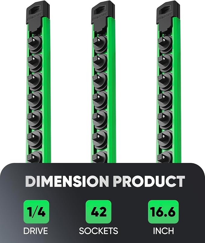 ALOANES Magnetic Socket Organizer Set, 3-Piece Heavy Duty Aluminum Socket Rails, 360° Swivel Clips Socket Rail Kit for Tool Tray Drawer Fit 1/4-Inch x 42 Clips (Green, 3PC)