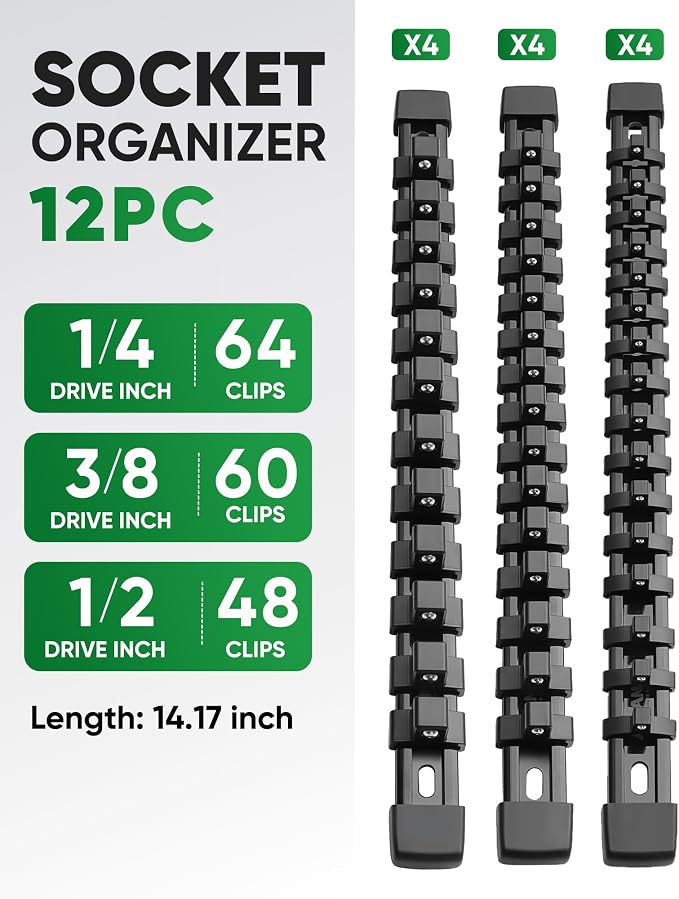 ALOANES 12PC Socket Organizer, Socket Rails Fit 1/2", 1/4" and 3/8" Drive | Heavy Duty ABS Socket Holders Hold up 172 Sockets for Toolbox Drawer Bags(Black)