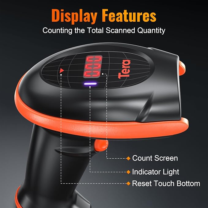 Tera Pro Series Wireless 1D 2D QR Barcode Scanner with Cradle Display Counting Screen Extra Fast Scanning Speed Ultra High Resolution Handheld Image Bar Code Reader for Warehouse Inventory HW0008