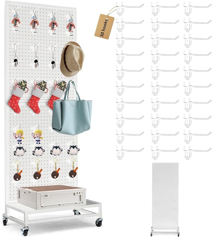 Eastern Tree Metal Pegboard Display Stand 2'x 5'with Base Plate, Pegboard Panels Display with Wheels, Peg Board Display Rack, Standing Pegboard Display with 30 Hooks - White