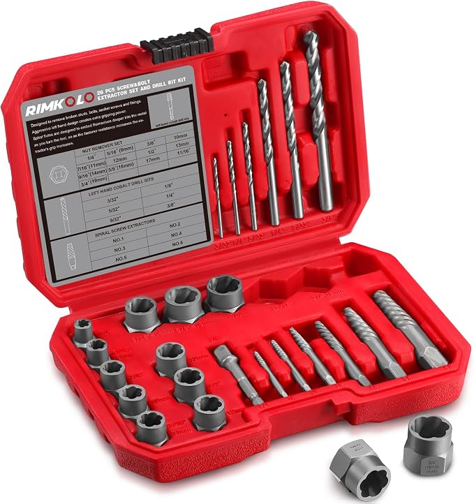 26-Piece Screw & Drill Bit Set, Multi-Spline & Bolt Extractors, Spiral Extractor for Broken Studs & Fittings