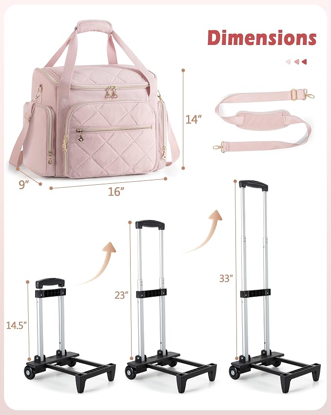Marscamd Rolling Teacher Bag with 15.6" Laptop Compartment, Wheeled Work Briefcase Tote with Detachable Trolley for Women, Pink