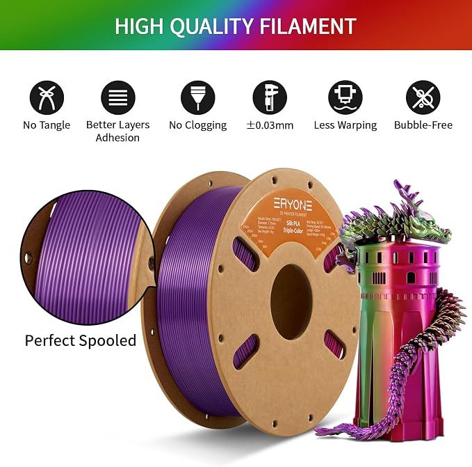 ERYONE Silk Tri Color PLA Filament 3D Printer 1.75mm +/- 0.03mm, Multicolor Filament Tricolor PLA 1KG(2.2lbs) Cardboard Spool, Red Purple Green