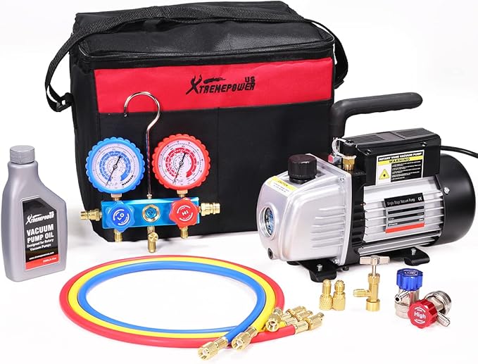 XtremepowerUS 3.5CFM 1/4HP HVAC Vacuum Pump R134a R12 R22 R410a A/C Refrigeration Set AC Manifold Gauge R134 Can Tap Carrying Tote