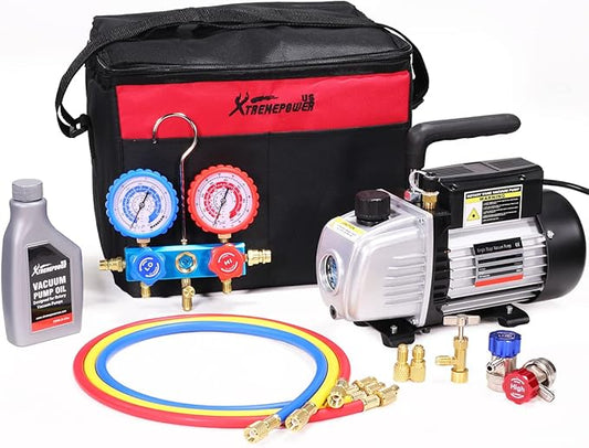XtremepowerUS 3.5CFM 1/4HP HVAC Vacuum Pump R134a R12 R22 R410a A/C Refrigeration Set AC Manifold Gauge R134 Can Tap Carrying Tote