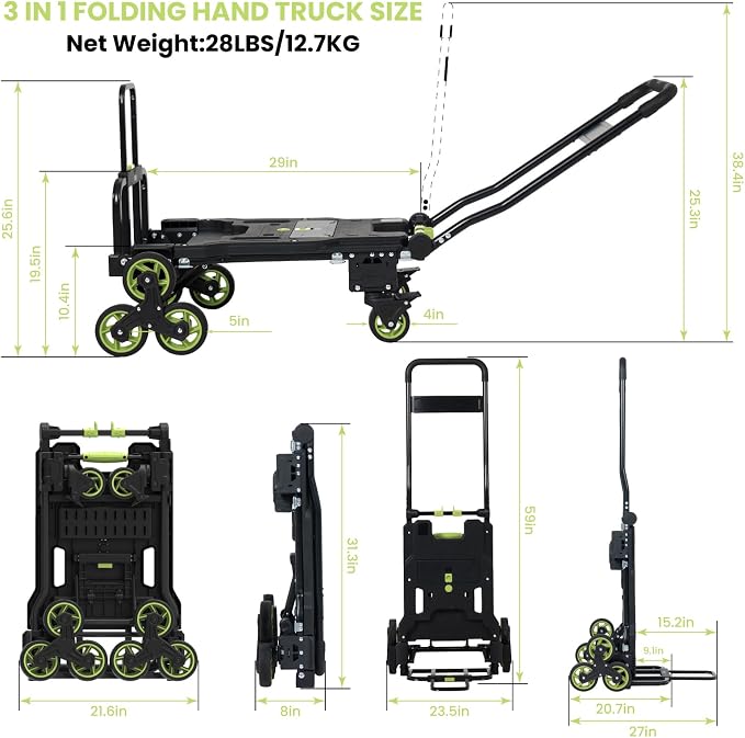 Upgraded 3 in 1 Convertible Folding Hand Truck with Brakes, Hand Truck Dolly Heavy Duty 660lbs Capacity, Stair Climbing Cart with Adjustable Shovel Board and Fixed Handle for Moving