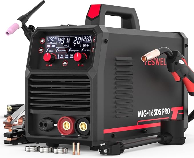 YESWELDER 165A MIG Welder & Lift TIG Torch, 110V/220V Dual Voltage, 4 in 1 Gas MIG/Flux Core MIG/Lift TIG/Stick Multiprocess Large LED Digital Display MIG Welding Machine with 35-50 Lift TIG Gun