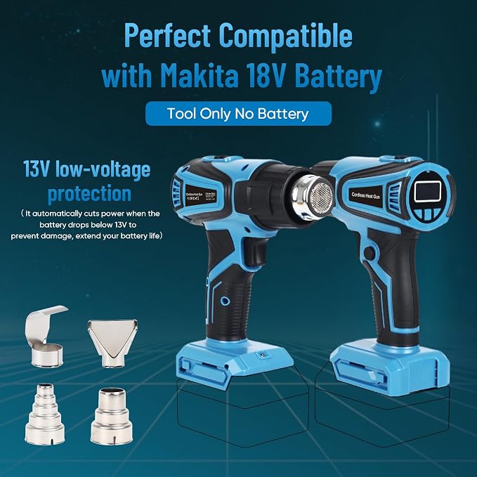 Cordless Heat Gun for Makita 18V Battery Users – 122°F~1112°F Variable Temp, LCD Display, 4 Nozzles, Hands-Free Lock | Ideal for Vinyl Wrap, Shrink Tubing & DIY Projects (Tool Only, Not by Makita)