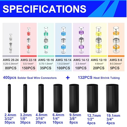 532PCS Heat Shrink Solder Seal Wire Connectors Kit with Mini Heat Gun, Solder Stick Wire Connectors Waterproof Wire Electrical Connector Kit for Marine, Automotive, Boat, Truck (26-6 Gauge)