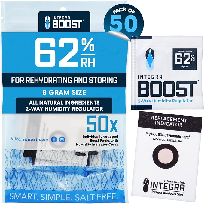 Integra Boost 62% RH, 2 Way Humidity Control Packs – 8g Size for Storing 1 oz – Pack of 50 Moisture Absorbers for Small Jars & Containers – Humidifier Packets for Herbs & Spices & Food Storage