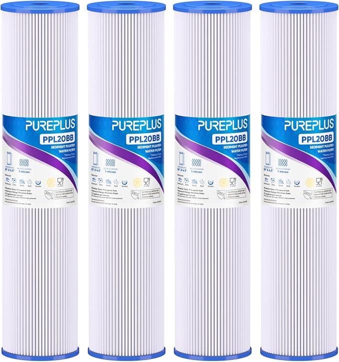 PUREPLUS 1 Micron 20" x 4.5" Whole House Pleated Sediment Filter for Well Water, Replacement Cartridge for ECP20-20BB, AP810-2, SPC-45-2020, R30-20BB, HDC3001, ECP5-20BB, 4Pack