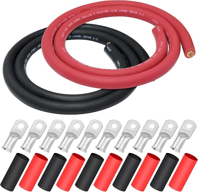 2/0 Gauge Welding Wire,iGreely 5 Ft Black+5 Ft Red 2/0 AWG Copper Battery Cable for Automotive Solar Vehicle Rv,5pcs of 5/16""& 5pcs 3/8"" Copper Lugs Terminal Connector with Heat Shrink Tubing
