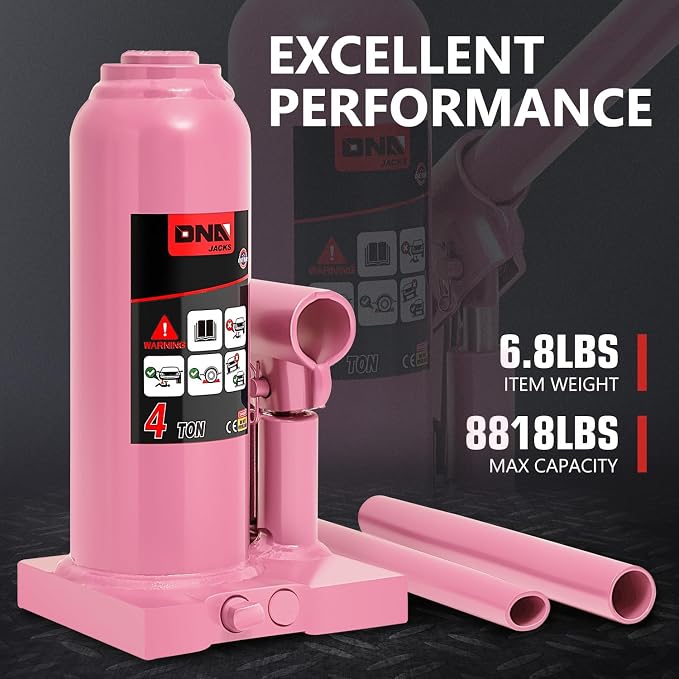 DNA Motoring 4 tons / 8818 lbs Lifting Automotive Welded Hydraulic Bottle Jack for Repair Vehicle, Pickup, Truck, w/Manual Handle, Pink, TOOLS-00352-PK
