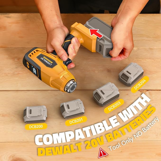 LIVOWALNY Cordless Heat Gun Compatible with Dewalt 20V Battery (Tool Only) 260W High Power Hot Air Gun (68°F-1112°F) & Airflow Control Digital Display for Shrink Wrapping Crafting