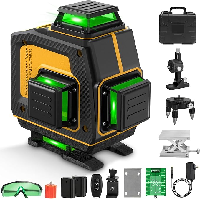 Laser Level 360 Self Leveling 4x360° 16 Lines Cross Line 4D Green Laser Level Tool with 2 Batteries, Charger, for Construction/Picture Hanging/Floor/Tile(Laser Class ll, <1mW Power Output)