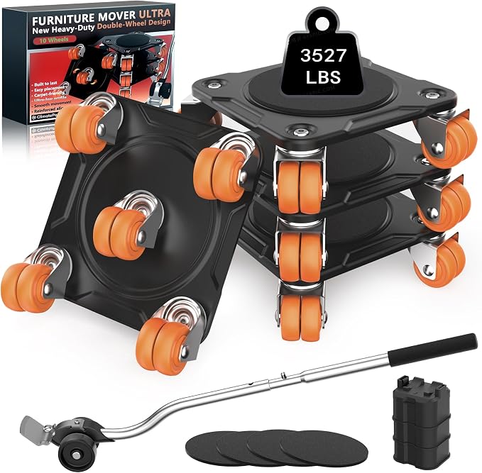 Furniture Movers with 10 Wheels – Upgraded Dual Wheel Design, Carbon Steel Panel Heavy Duty Dolly with Lifter, Max Load 3527 LBS, More Stable & Smoother Moves