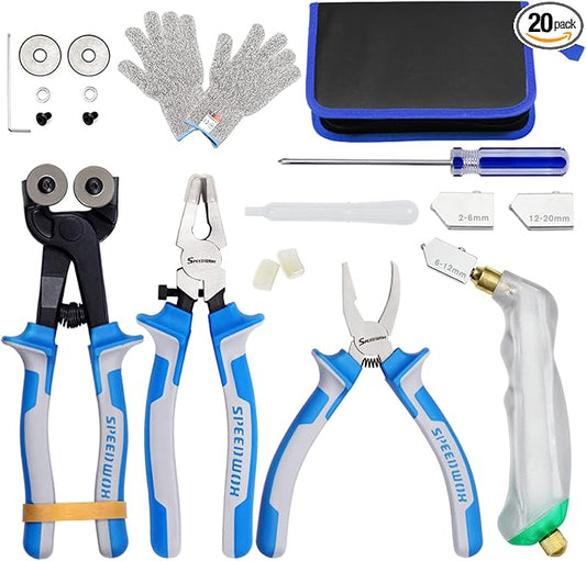 SPEEDWOX 20PCS Heavy Duty Mosaic Wheeled Glass Nippers with Replacement Cutting Wheel Glass Running Pliers Breaker Grozer Pliers Oil Feed Glass Cutter Set Cut Resistant Gloves Leather Zipper Bag