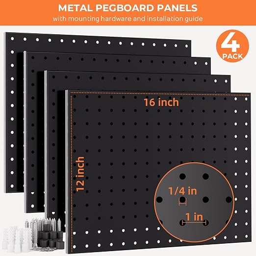 INCLY 4 Pack Peg Board, 12"x16" Upgrade Thicker Heavy Duty Metal Pegboard Panels, Black Pegboard Wall Organizer, Peg Board Panels for Walls Home, Garage Tools Storage, Shed, Craft Room, Kitchen
