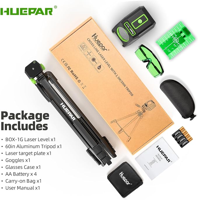 Laser Level with Tripod, Huepar 150Ft Lazer Leveler for Outdoor Use, 150° Vertical Green Cross Line Leveller Laser for Picture Hanging, Tile, Construction Project (4 AA Batteries Include)