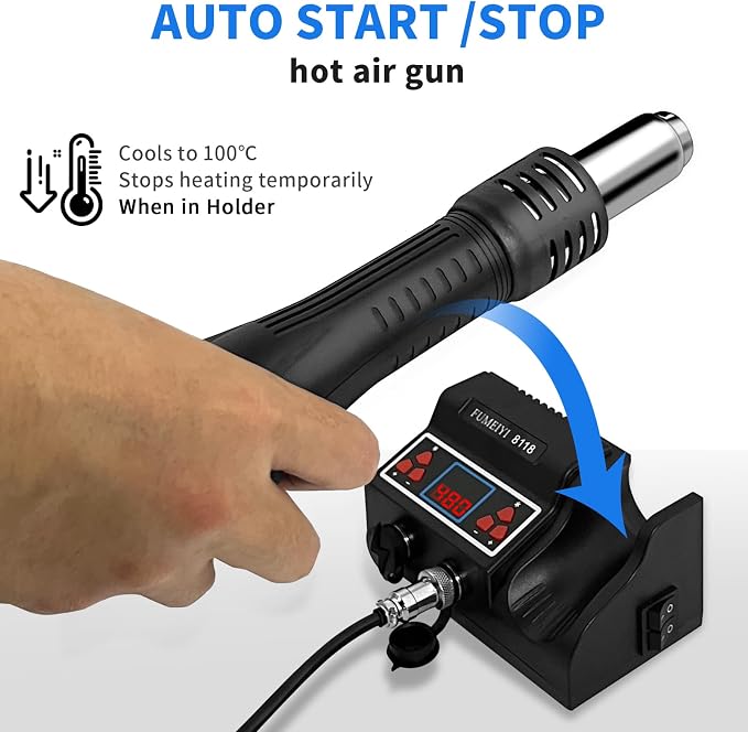 8118 Soldering Station Kit: Includes an 8118 hot air gun, 2 rolls of solder wires, 5 soldering tips, a simple stand, a desoldering pump, and a pair of curved tweezers