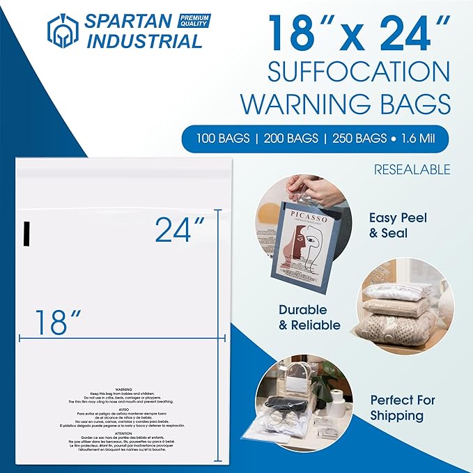 Spartan Industrial - 18” X 24” (250 Count) Self Seal Clear Poly Bags with Suffocation Warning for Packaging, Clothes - Resealable Glue