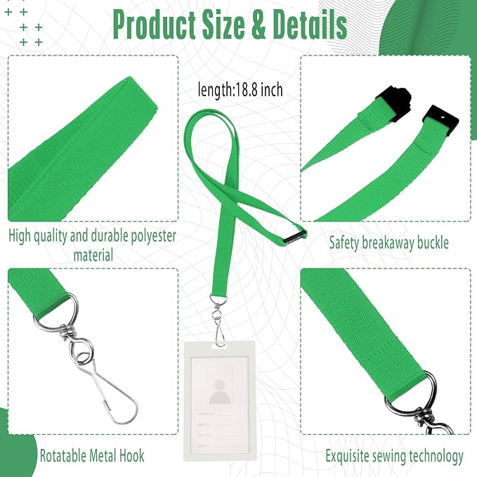 Patelai 60 Pcs Breakaway Lanyards with J Hook Bulk Flat for ID Badges Neck Badge Lanyards Card Nametag Holder Neck Straps (Green)
