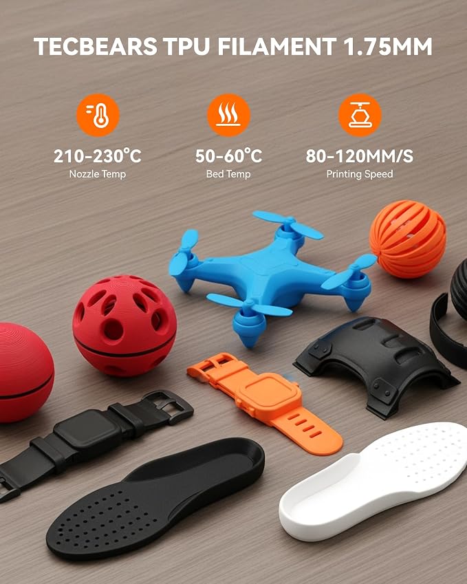 TECBEARS TPU Filament 1.75mm, 95A 3D Printer Filament, Flexible TPU Filament for Fast Printing, 250G Spool, 8 Rolls, 2KG in Total, Black+White+Transparent+Grey+Red+Blue+Green+Orange