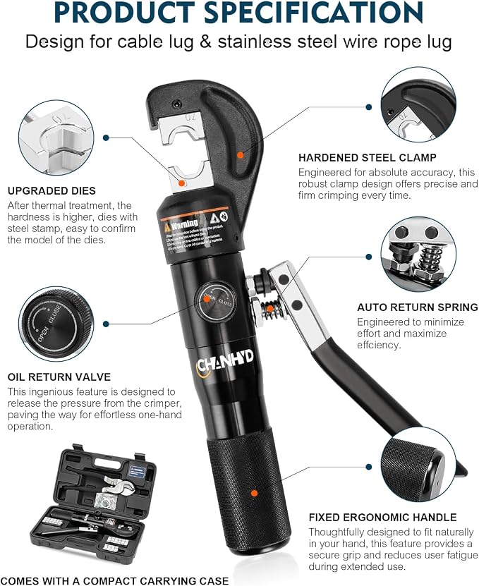 Hydraulic Crimping Tool and Cable Cutter, 12 AWG to 00 (2/0), 10 Tons Battery Cable Crimper Tool with 9 Crimping Dies, Wire Terminal Lug Crimping Tool for Cable Lug with cutter